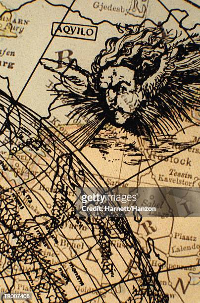zephyr drawn on an antique map - ares greek god imagens e fotografias de stock