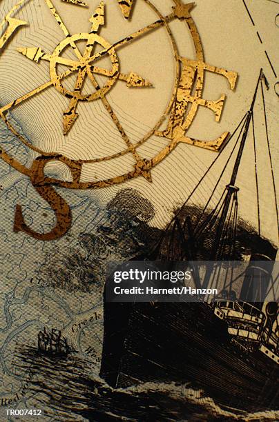 compass rose on a drawing of a steamship - official media preview for world premiere of king tut treasures of the golden pharaoh stockfoto's en -beelden