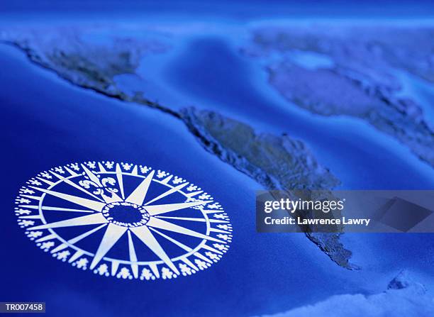close-up of a compass rose on a relief map - target and mindless behavior celebrate target exclusive deluxe edition of all around the world stockfoto's en -beelden