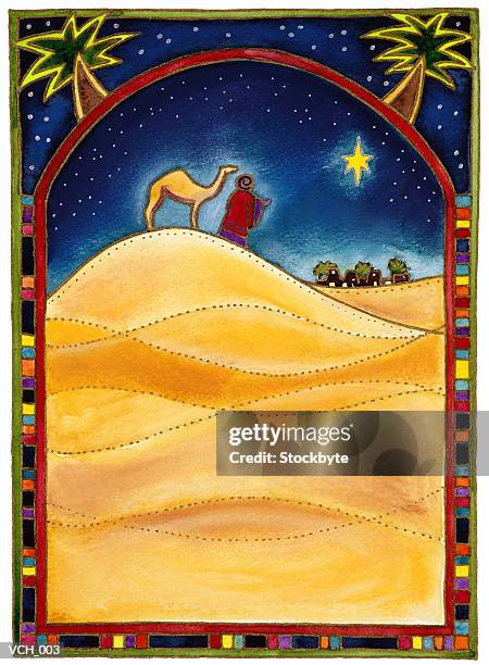 wiseman with a camel looking at the star of bethlehem. - a stock illustrations