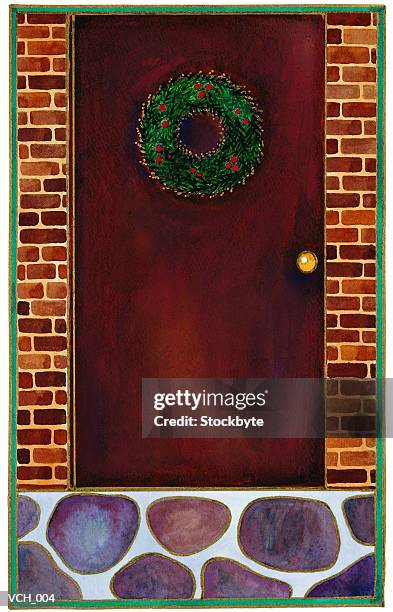 stockillustraties, clipart, cartoons en iconen met christmas wreath hanging on a door - door