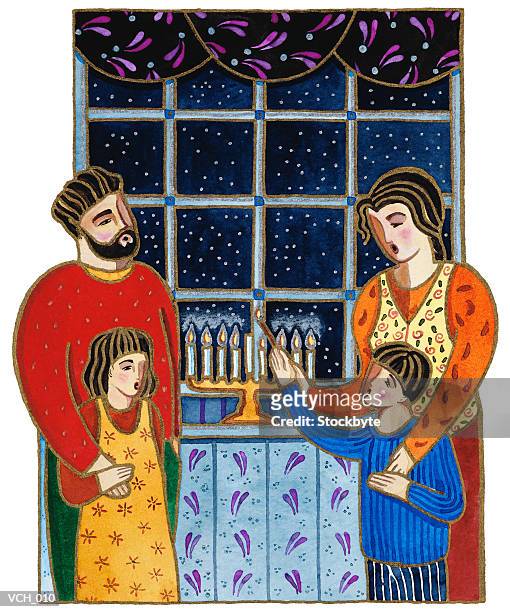 family lighting menorah candles for hanukkah - for stock-grafiken, -clipart, -cartoons und -symbole