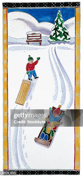 stockillustraties, clipart, cartoons en iconen met children sledding in the snow - pinaceae