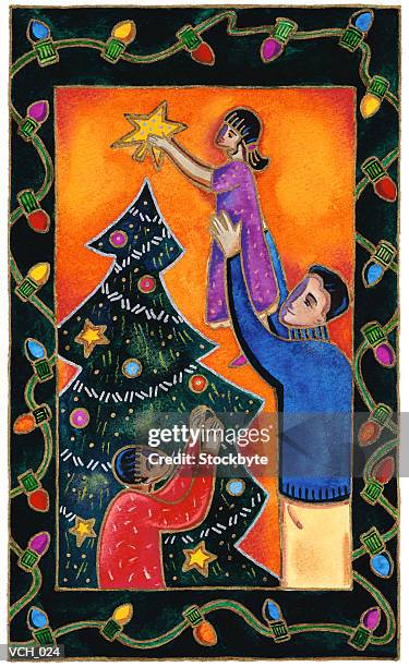 stockillustraties, clipart, cartoons en iconen met father lifting girl to put star on top of christmas tree - pinaceae