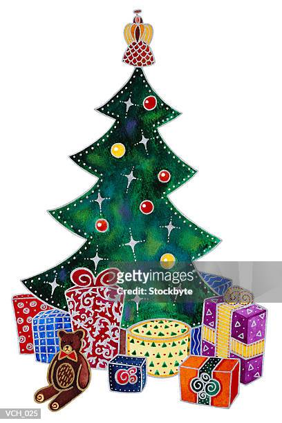 presents around christmas tree - pinaceae stock illustrations