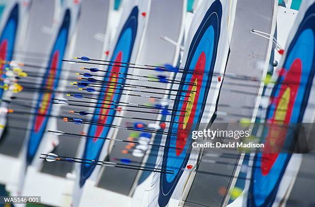 row of targets with arrows hitting targets - archery stock pictures, royalty-free photos & images