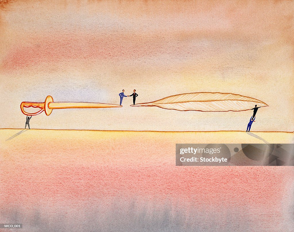 Men on tips of giant feather and sword, shaking hands