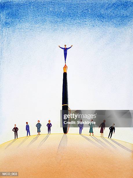 ilustraciones, imágenes clip art, dibujos animados e iconos de stock de row of people; man balancing on giant fountain pen in middle - instrumento de escribir
