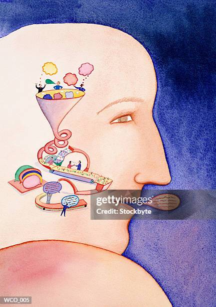 stockillustraties, clipart, cartoons en iconen met figure with word bubble factory inside head - 2nd annual leaders of spanish language television awards after party red