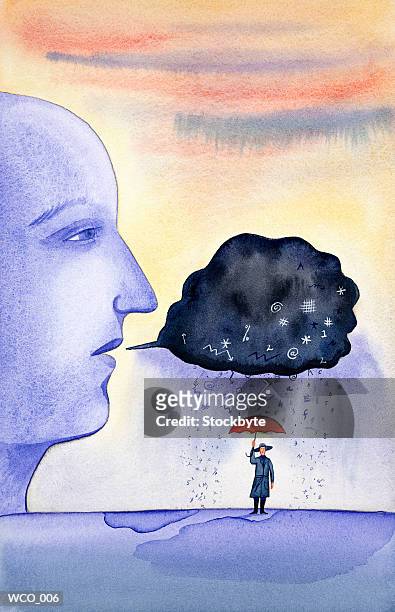 person breathing out storm cloud; person under cloud with umbrella - get out stock illustrations