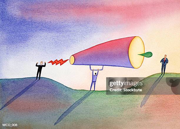 man yelling into megaphone, droplet coming out other end - get out stock-grafiken, -clipart, -cartoons und -symbole