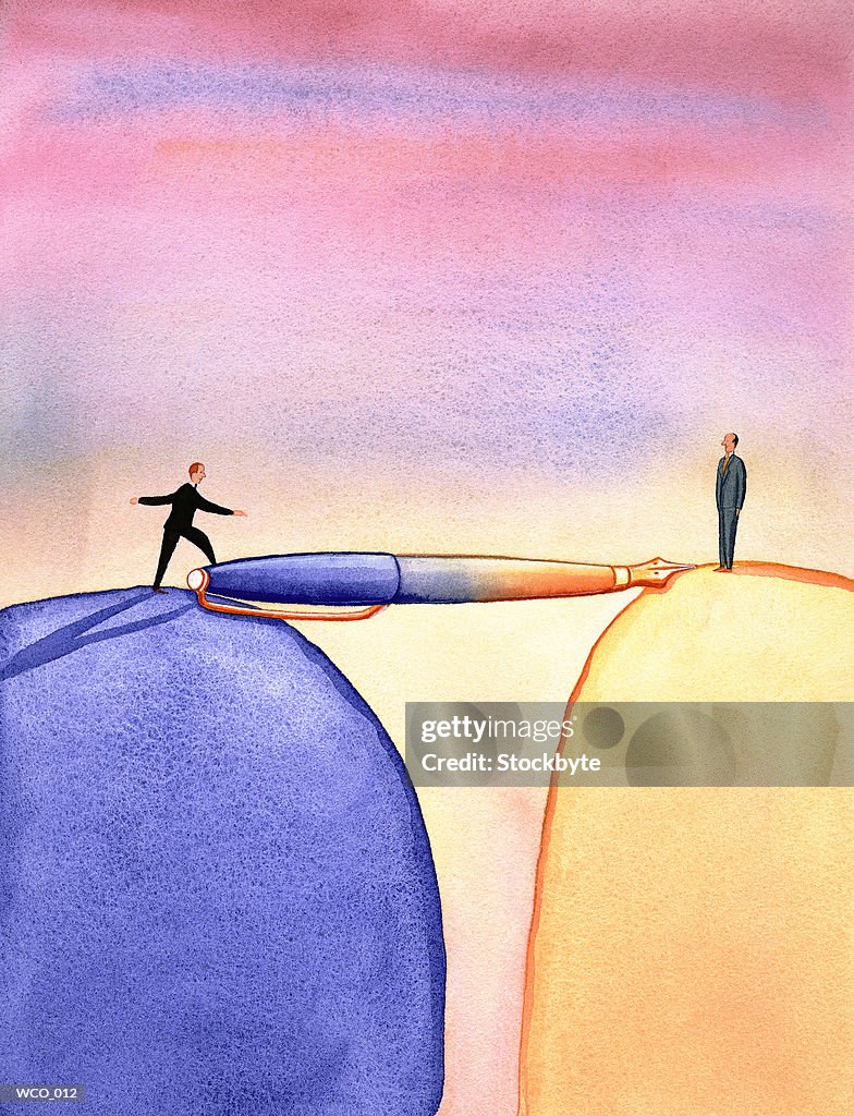 Man balancing on bridge of fountain pen; second man waiting for him