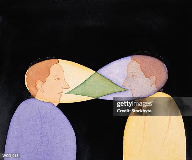 two people talking to one another; word bubbles enveloping heads - aother stock illustrations