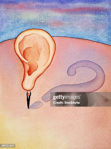 man holding giant ear above head, casting question mark shadow - human ear stock illustrations