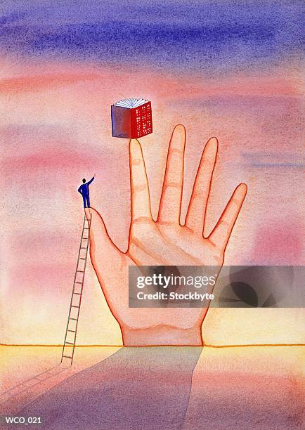 man standing on thumb; reaching for book balanced on index finger - for stock-grafiken, -clipart, -cartoons und -symbole