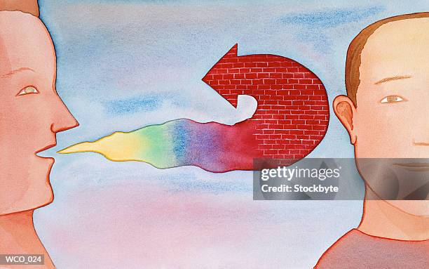 stockillustraties, clipart, cartoons en iconen met man's word bubble is brick arrow, bouncing off second man's ear - 2nd annual leaders of spanish language television awards after party red