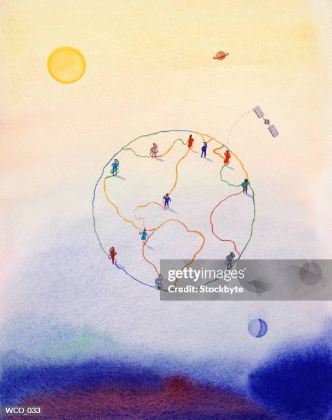 people on globe made of telephone wires; satellite orbiting it - terrestrial planet stock illustrations