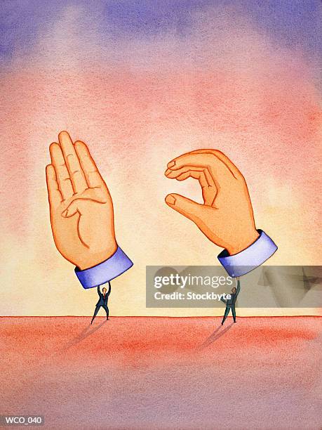 stockillustraties, clipart, cartoons en iconen met two people holding giant hands over head; hands making b and c sign - cast of a c o d entertainment weekly january 24 2013