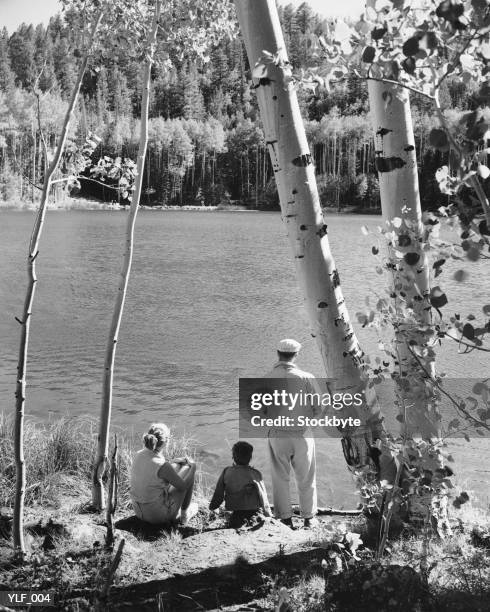 family looking at lake - parents of michael brown return to missouri after speaking to united nations committee in switzerland stockfoto's en -beelden