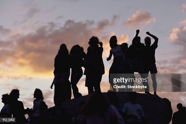 silhouette of group of people standing on hilltop - of fotografías e imágenes de stock