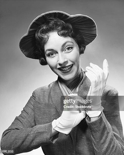 woman with hat and gloves - formal glove stock pictures, royalty-free photos & images