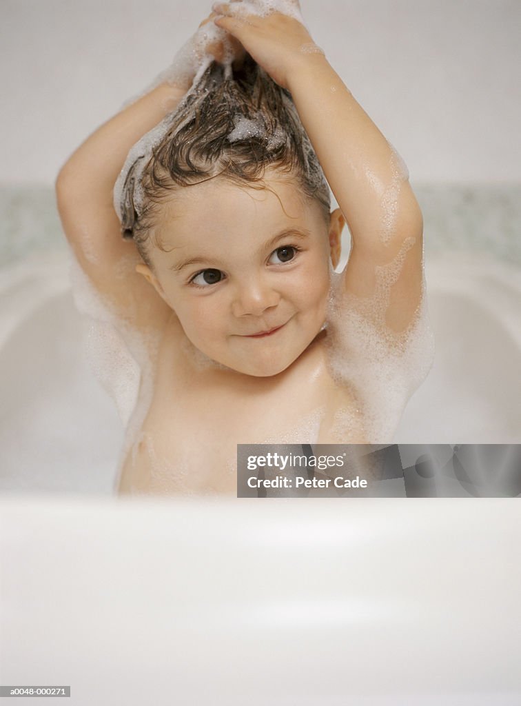 Toddler Washing Hair in Bath