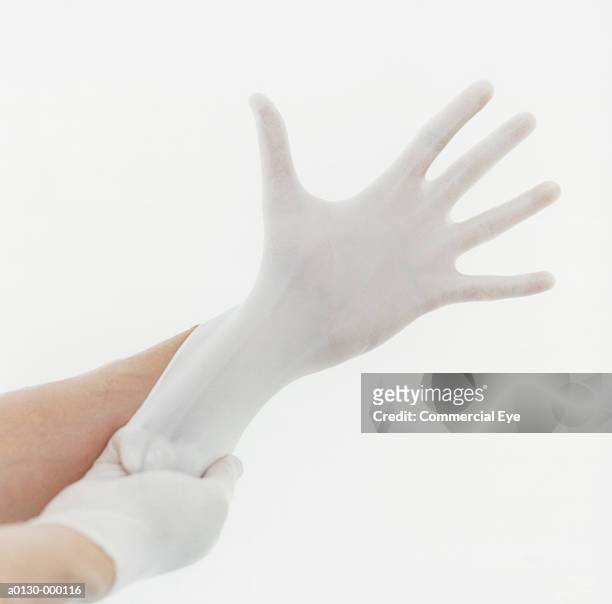 hands wearing surgical gloves - surgical glove stock pictures, royalty-free photos & images