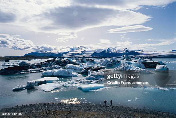 couple looking at icebergs - jokulsarlon lagoon stock pictures, royalty-free photos & images