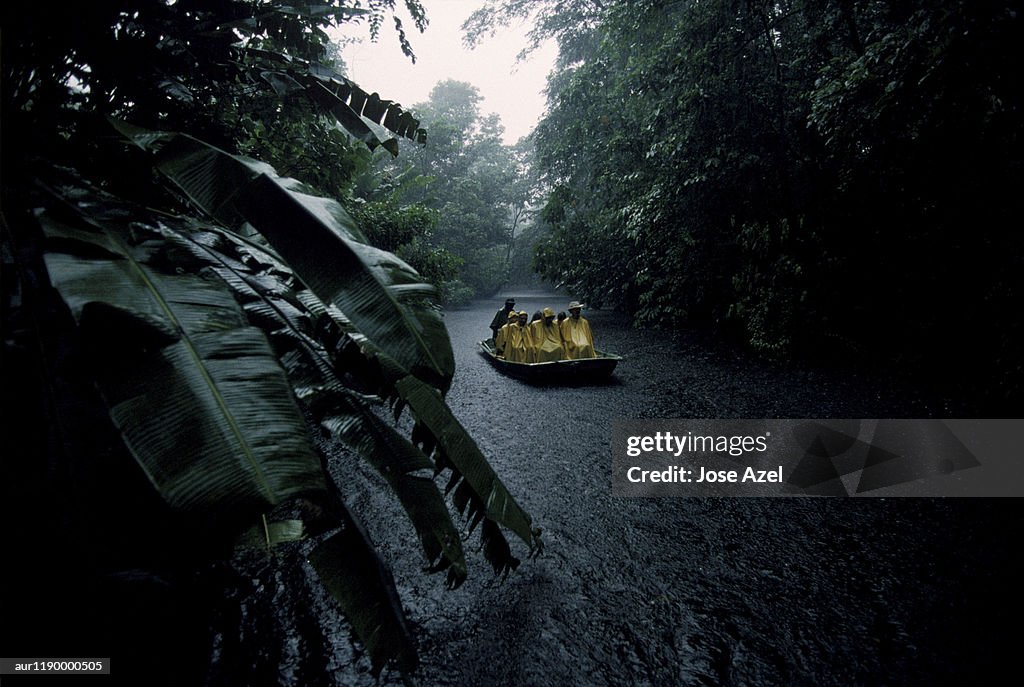 A group of people sailing in the stream amidst forest, Costa Rica, Africa.