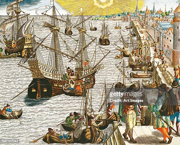 Departure from Lisbon for Brazil, the East Indies and America, illustration from 'Americae Tertia Pars...', 1592