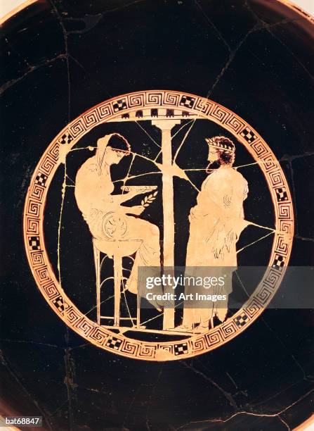 Aegeus, King of Athens, consulting the Delphic Oracle, Athenian Red vase painting