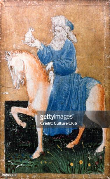 Mounted man holding a small dog, one of a set of playing cards depicting scenes of courtly hawking, Upper Rhein Area, c.1440-45