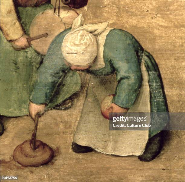 Children's Games : detail of a girl playing with a spinning top, 1560