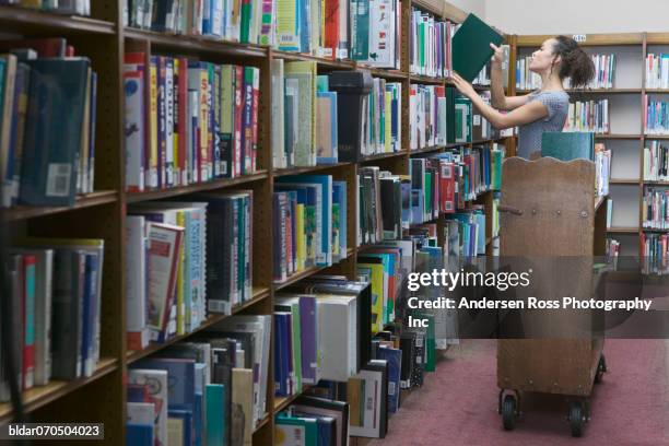 Library Tutorial On Arranging Books 29 Young Female Librarian Arranging Books On Library Shelves Stock ...