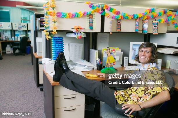 portrait of a businessman sitting on chair in an office - hawaiian shirt 個照片及圖片檔