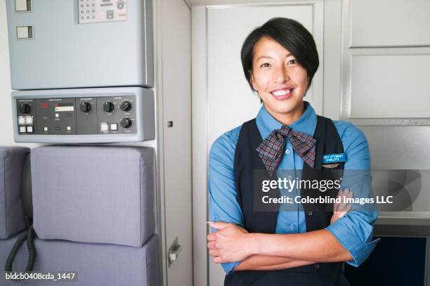 portrait of mid adult female air hostess - air stewardess stockfoto's en -beelden