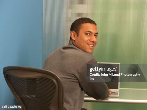 portrait of a businessman using a laptop in an office - lund stockfoto's en -beelden