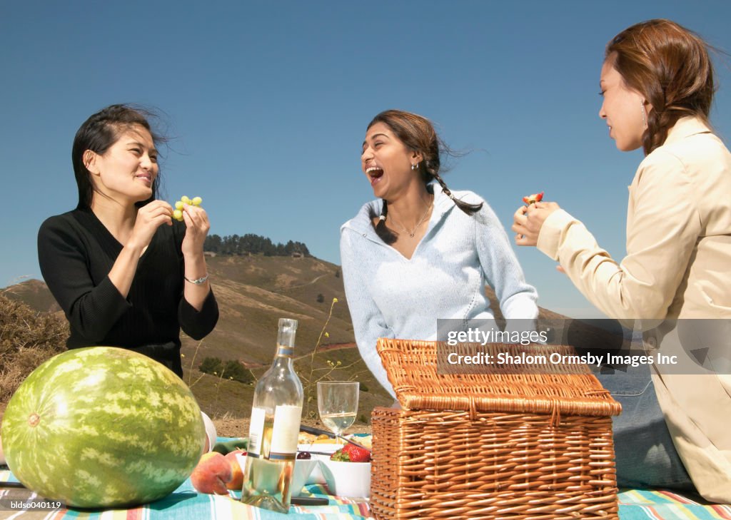 Three young women sitting together outdoors at a picnic