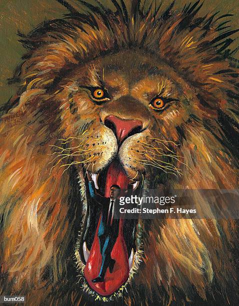 man in lion?s jaw - animal jaw bone stock illustrations