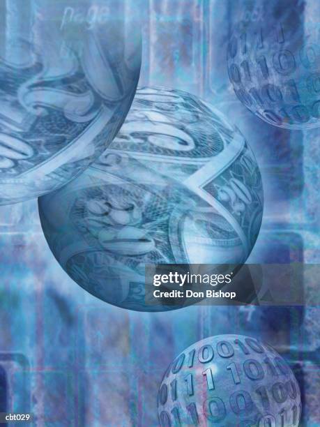 money & binary numbers on spheres - money makes the world go around stock illustrations