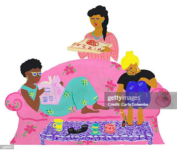 friends on couch - pizza boxes stock illustrations