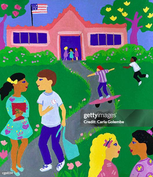 children in front of school - elementary school building exterior stock illustrations