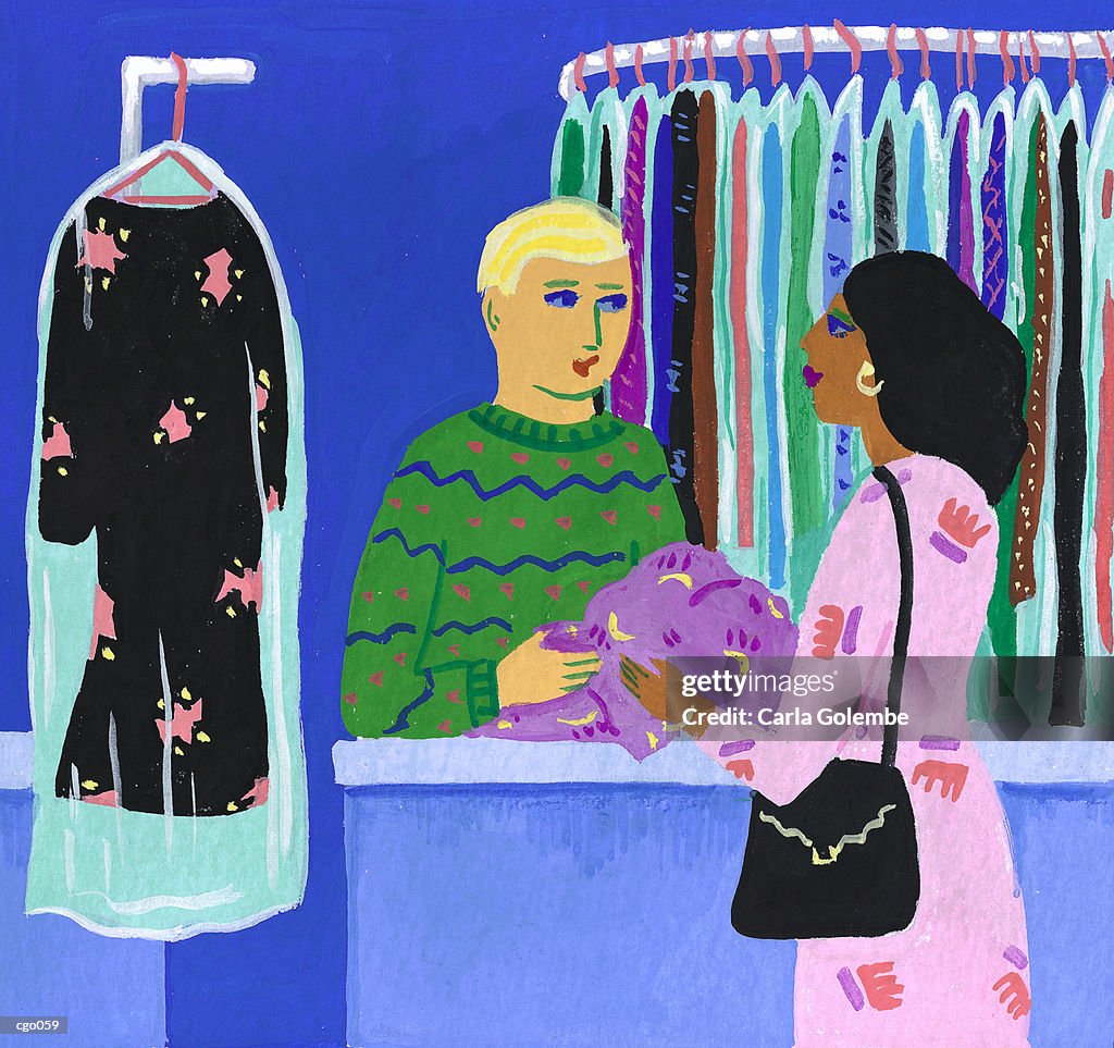 Woman Picking Up Dry Cleaning