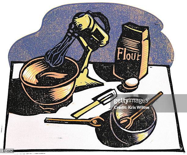 stockillustraties, clipart, cartoons en iconen met baking supplies - mixing bowl