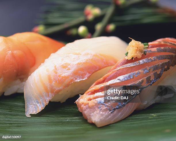 aji, hirame, akagai, hand shaped sushi - sushi rice stock pictures, royalty-free photos & images