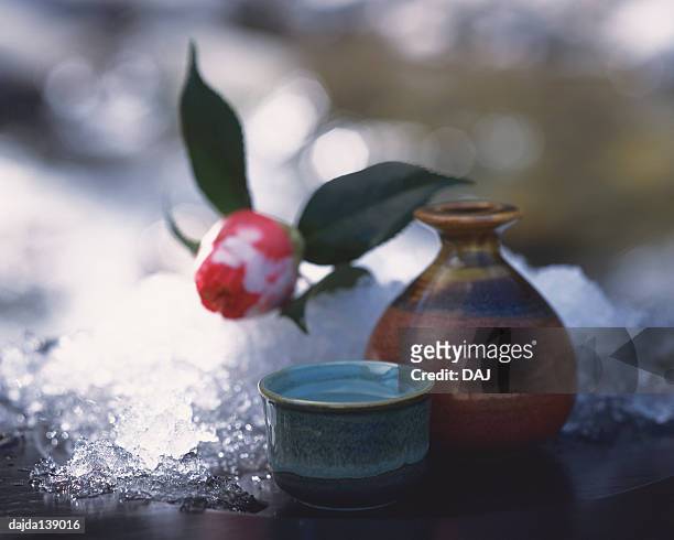 camellia and sake set and snow - copo de saké - fotografias e filmes do acervo