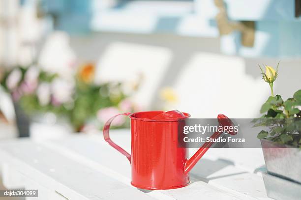 a red watering can - forza fotografías e imágenes de stock