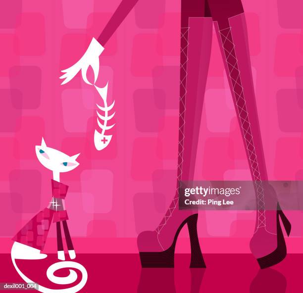 woman feeding domestic cat with fish bones - pampered pets stock illustrations