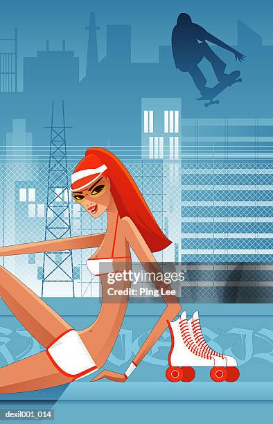 stockillustraties, clipart, cartoons en iconen met woman resting in a inline skating ring - visor digital