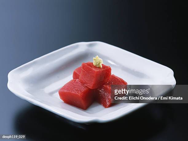plate of sashimi (raw fish), close-up - wasabi sauce stock pictures, royalty-free photos & images